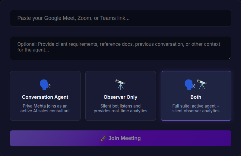 Real-Time Multimodal AI Meeting & Sales Agent Suite live interface